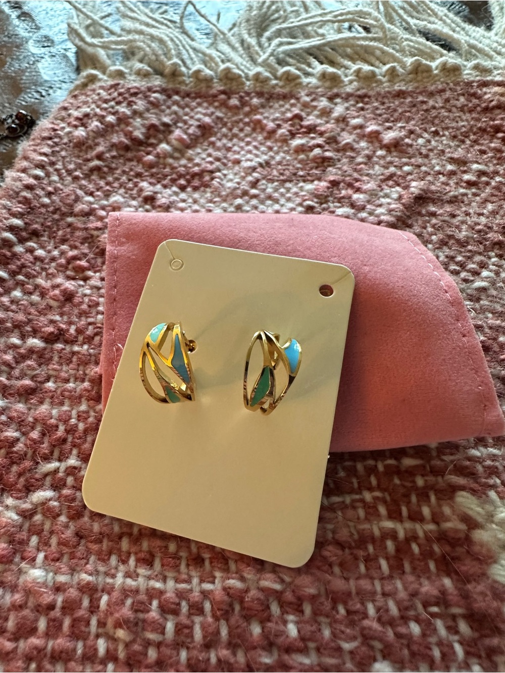 Gold-Tone Hoop Earrings with Turquoise and Blue Inlay - Women Jewelry